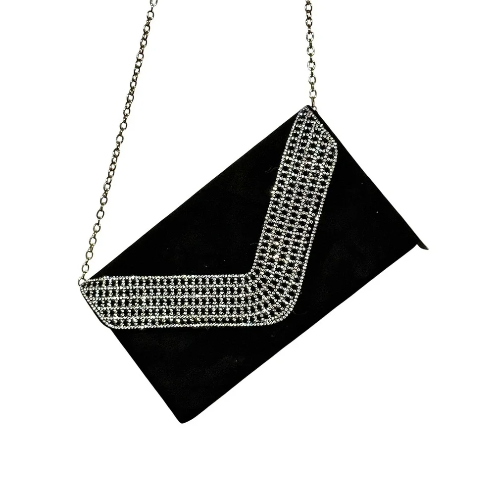 NEW Lefrcry Black Faux Suede Rhinestone V-Shape Evening Clutch Bag Chain‎ Strap